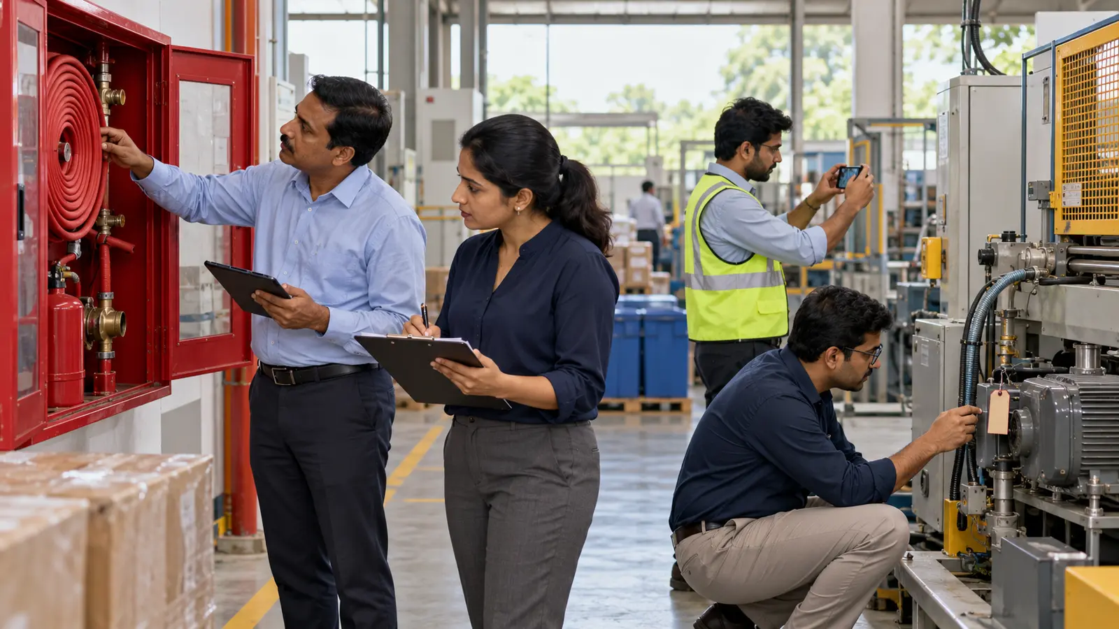 Fictional Indian facilities and finance staff conducting a documented site walk-through of fire equipment, machinery and physical assets
