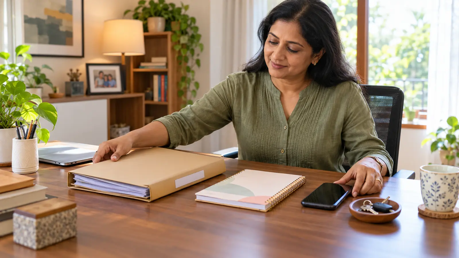 An Indian professional organises a family financial record folder at a tidy home-office desk.