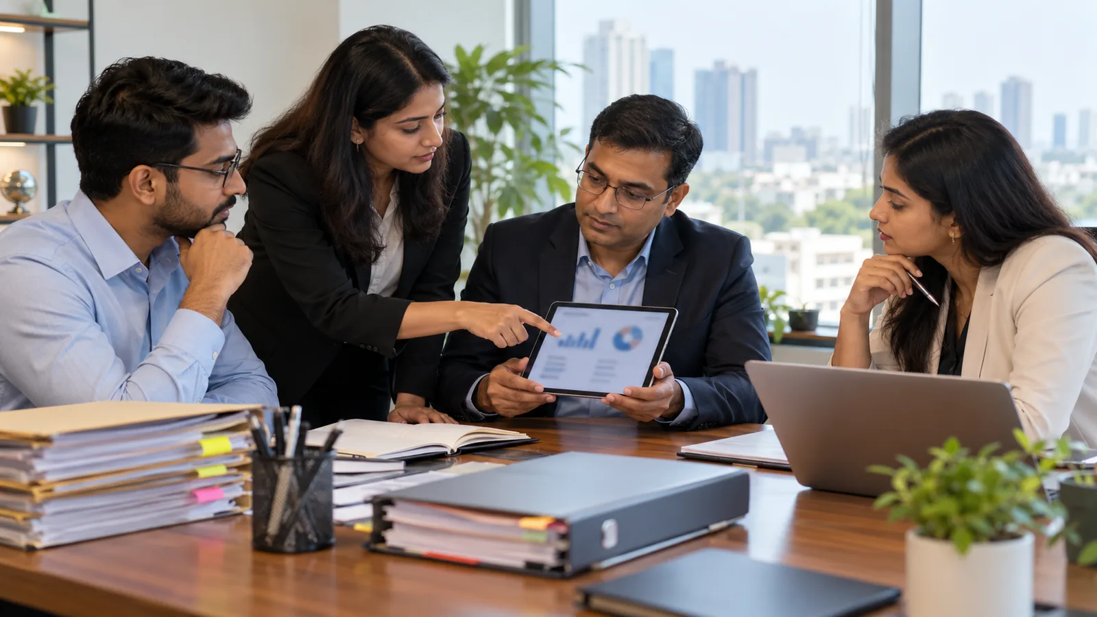 Indian issuer-side finance and compliance professionals reviewing controlled stakeholder feedback during IPO preparation
