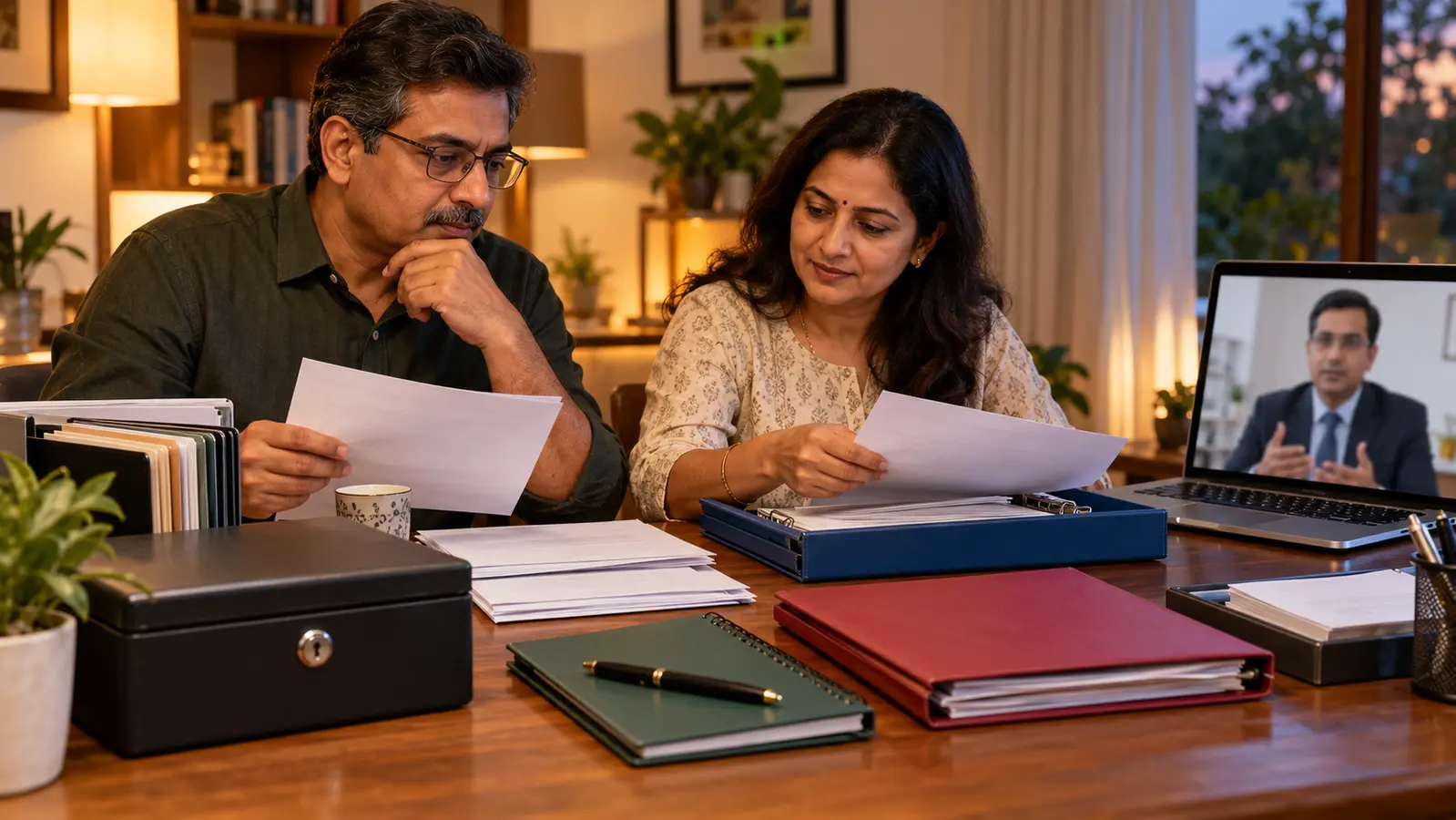 The same fictional couple files blank statements and nomination-style papers at home while consulting an indistinct adviser on a textless laptop.