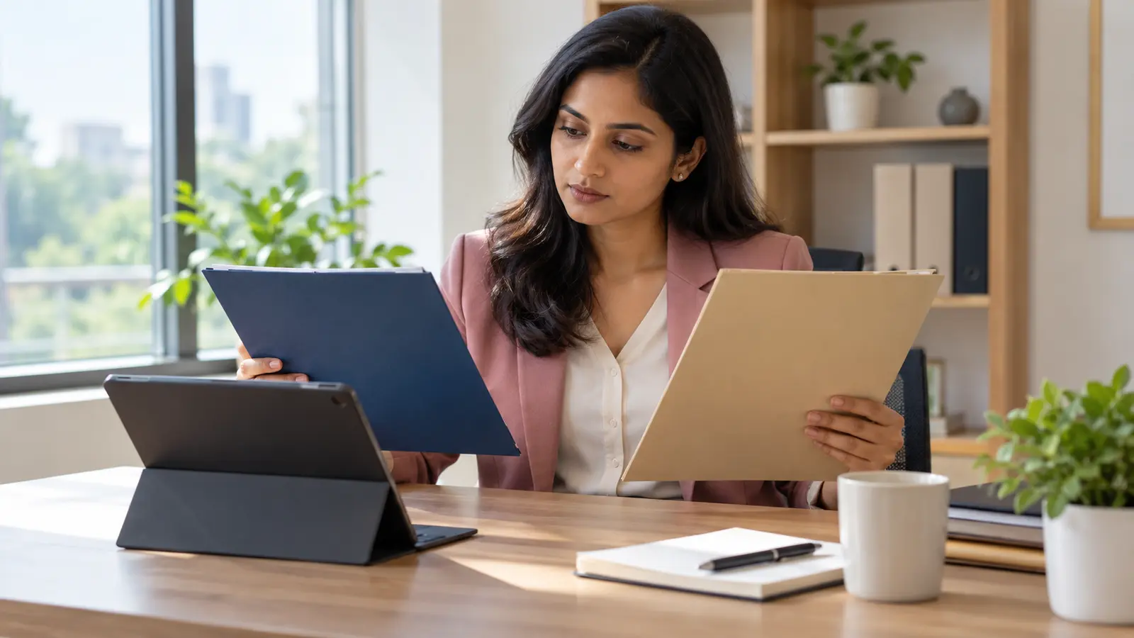 An Indian professional compares two blank retirement-plan folders beside a tablet in a modern office.