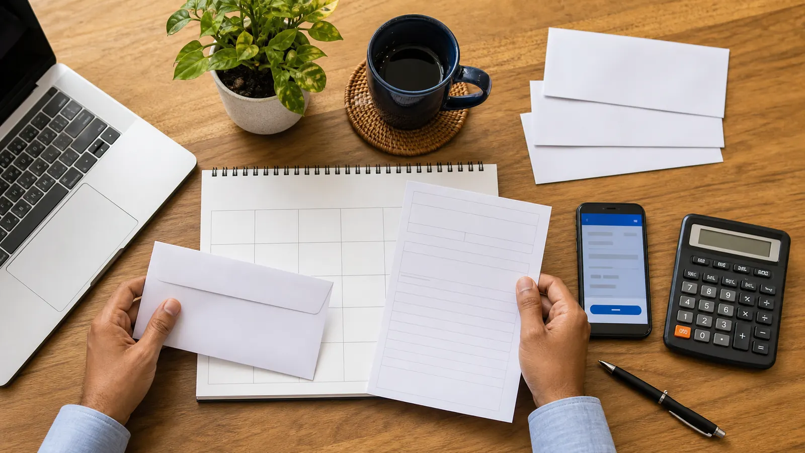 Top-down household planning table with blank papers, unmarked envelopes, calculator and phone arranged for a monthly contribution routine.