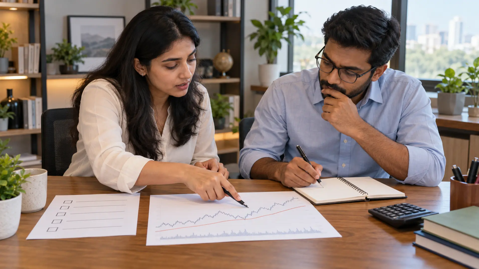 An Indian analyst and investor comparing a smooth long-term chart line with a written review checklist