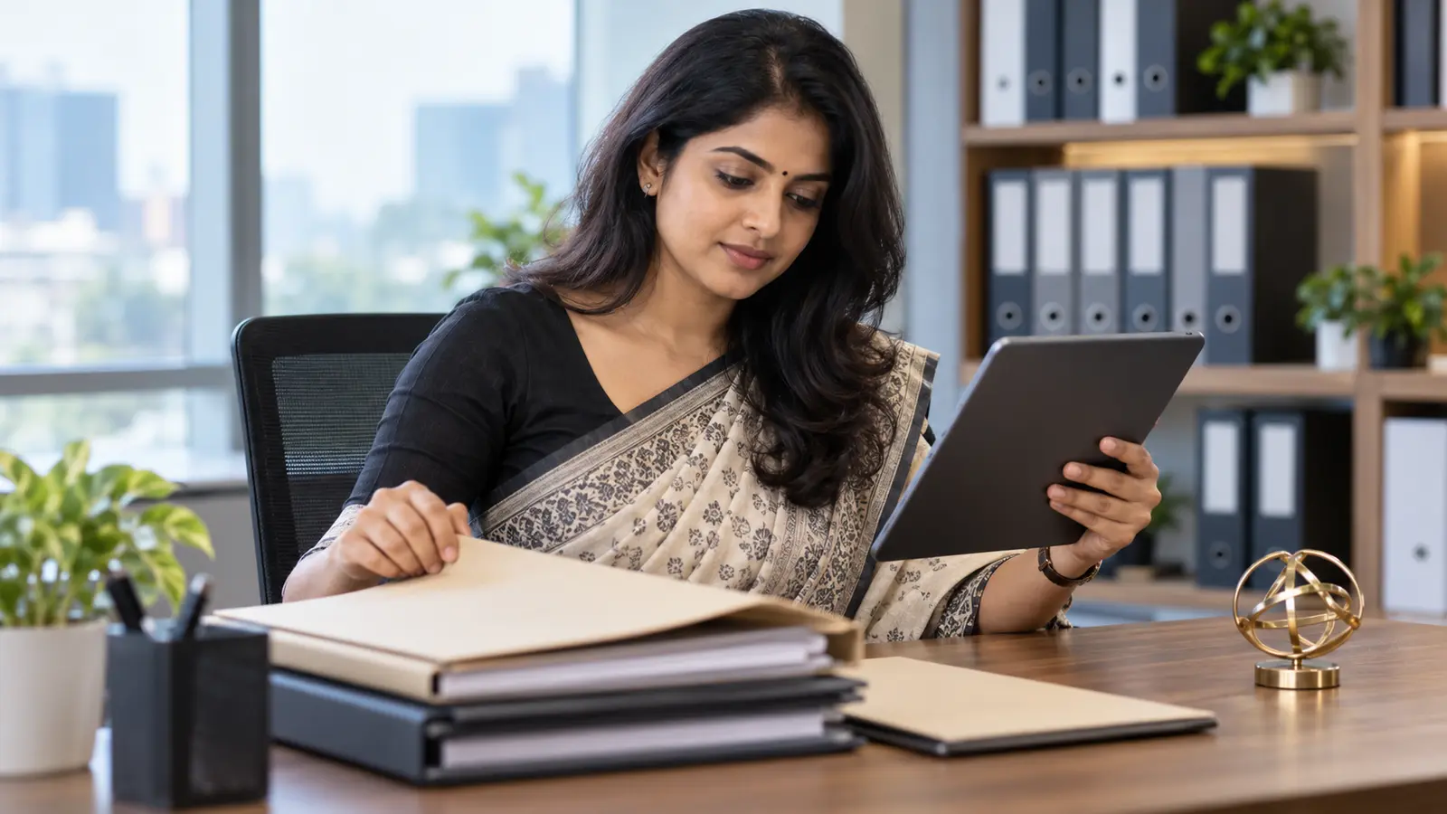 A financial-services operations professional reviewing plain records and a secure tablet in an Indian office