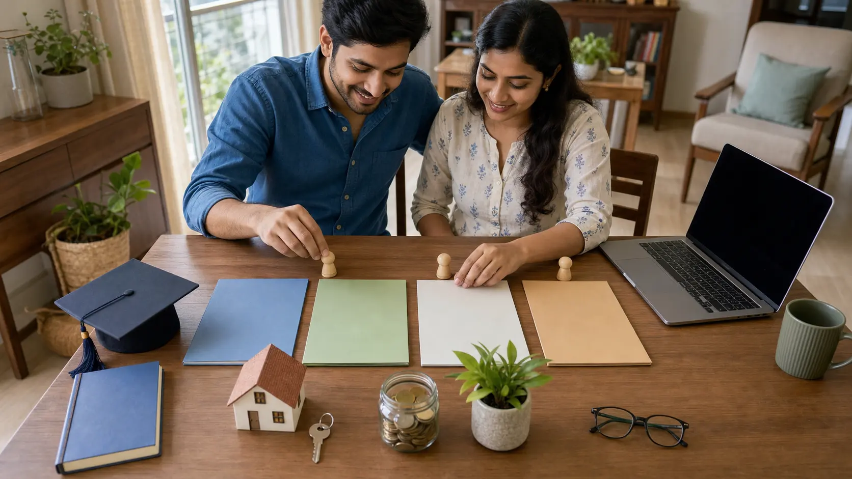 An Indian couple arranges education, home, wealth-building and retirement goal objects in a realistic tabletop planning sequence.