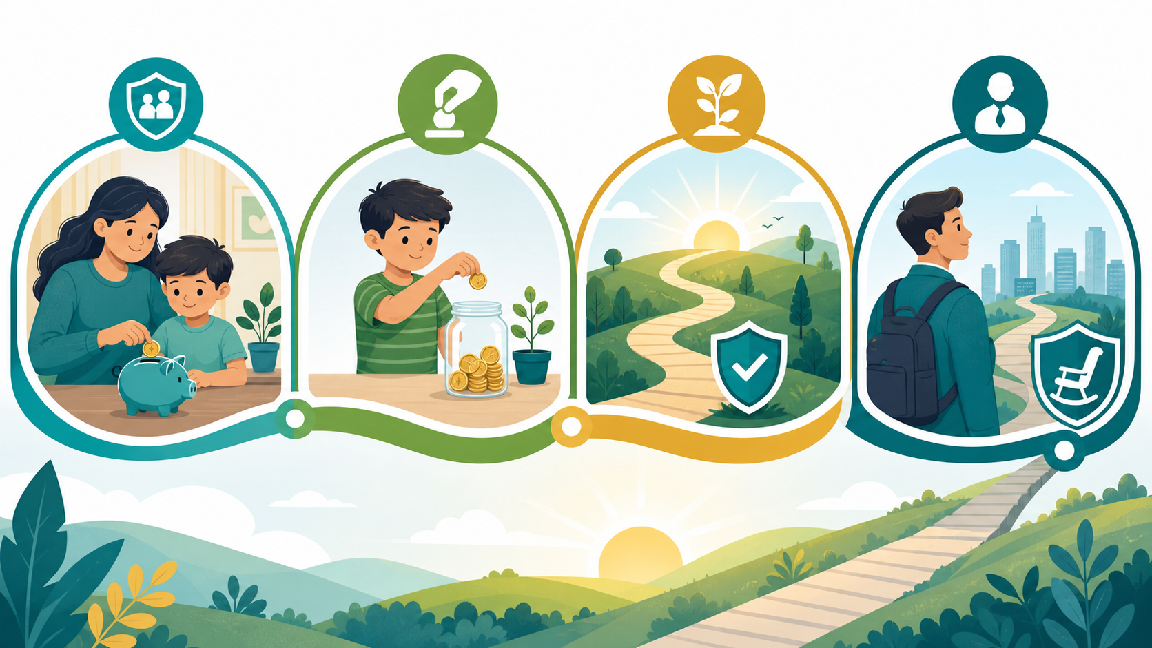 Infographic-style illustration showing NPS Vatsalya as a four-step journey from guardian opening to contributions, long-term growth and adulthood transition.
