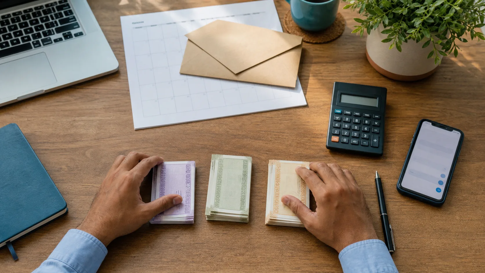 Hands arrange two blank account folders and planning cards on a table to compare retirement discipline with flexible access.