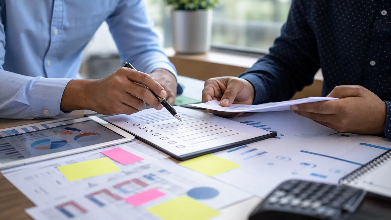 Hands review a pension fund manager selection checklist with generic retirement planning papers and unlabeled charts.