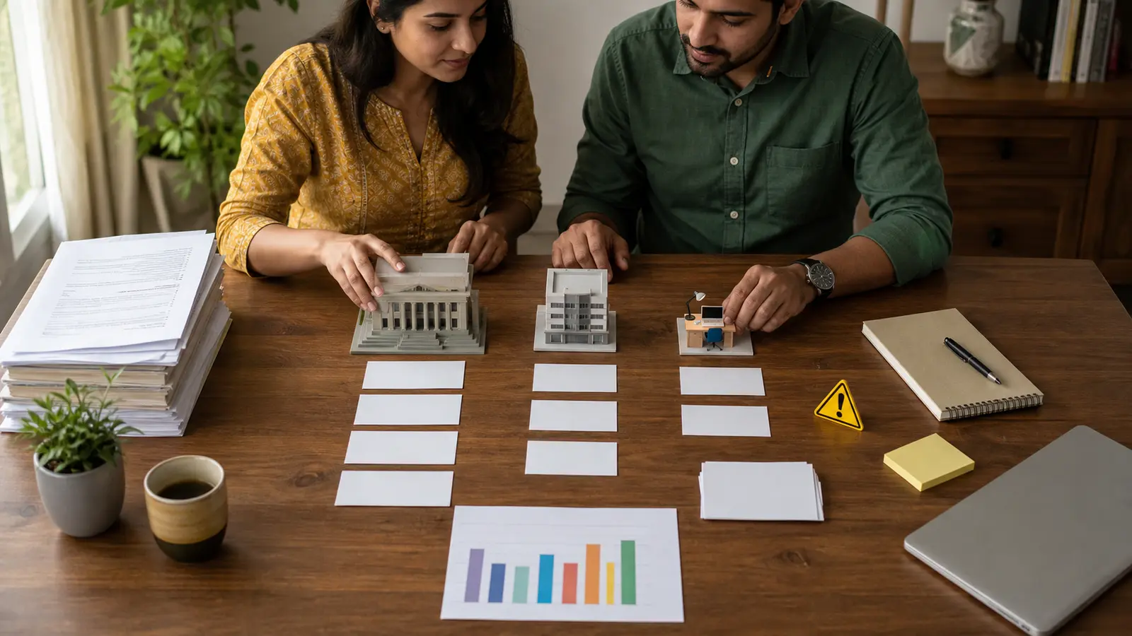 An Indian household sorts three market-cap fund buckets with blank planning cards, risk notes and goal documents on a dining table.