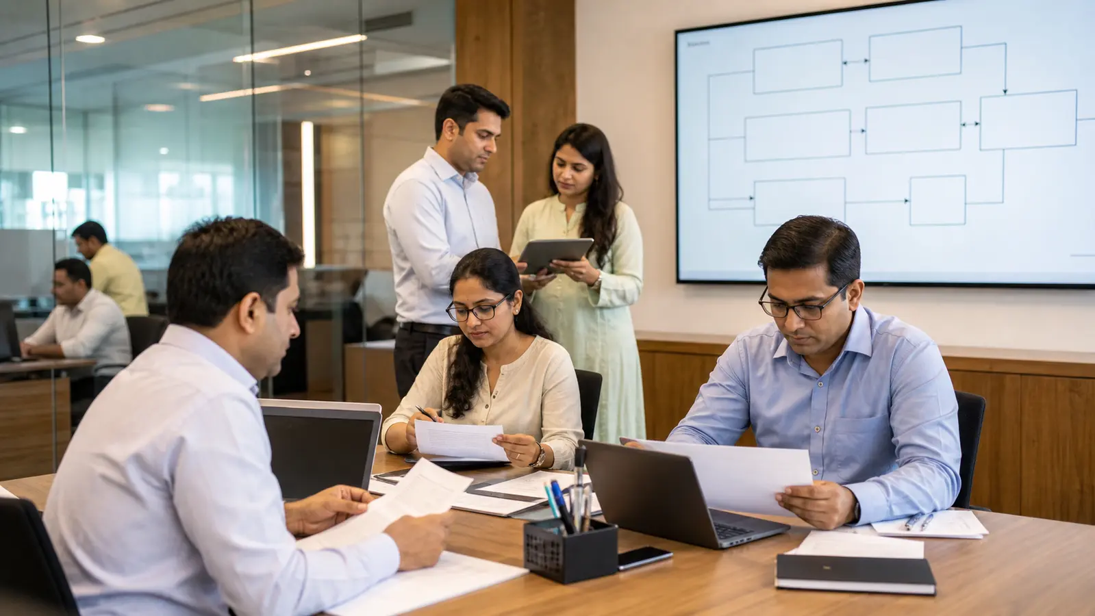 RTA operations professionals coordinating issuer records, depository communication and investor service tracking in a financial services office.