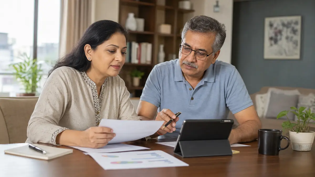 A professional couple reviewing retirement-income papers at home