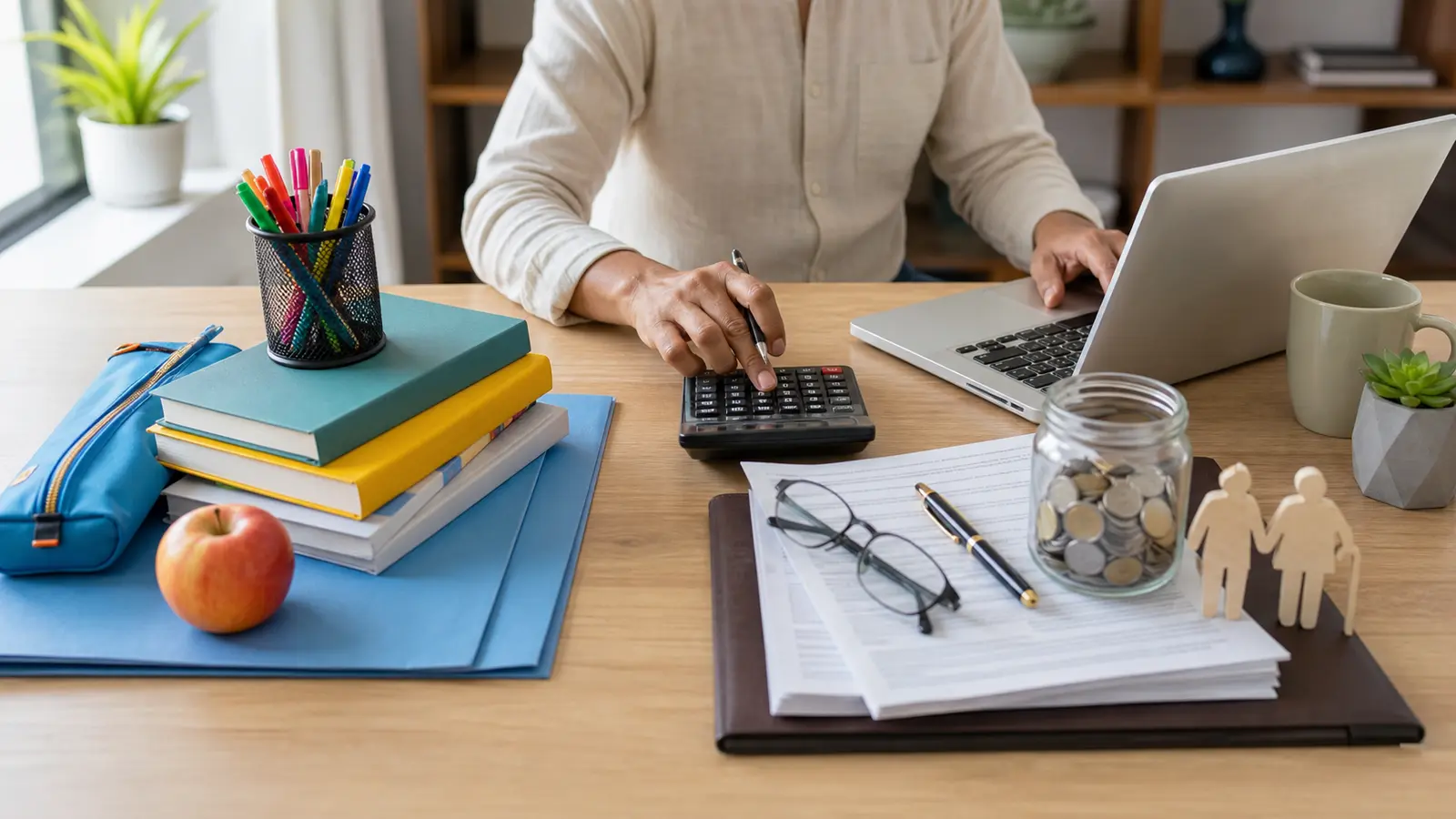 A parent's desk separating child education planning from long-term retirement planning