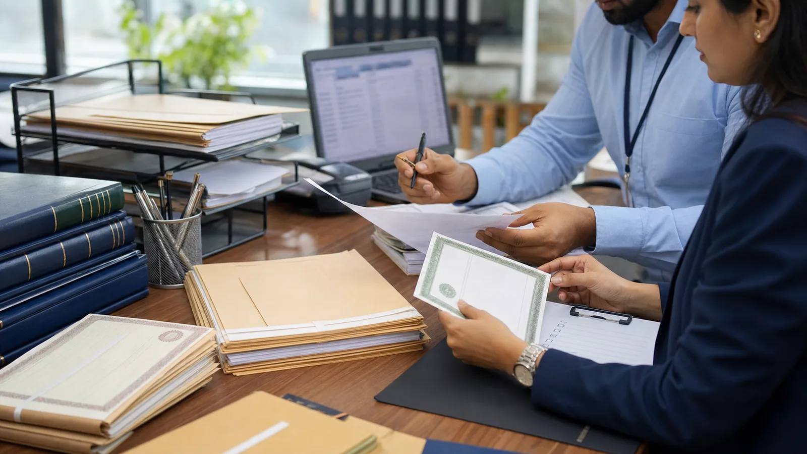 RTA operations professionals matching paper share records with secure digital workflow in a financial-services office.