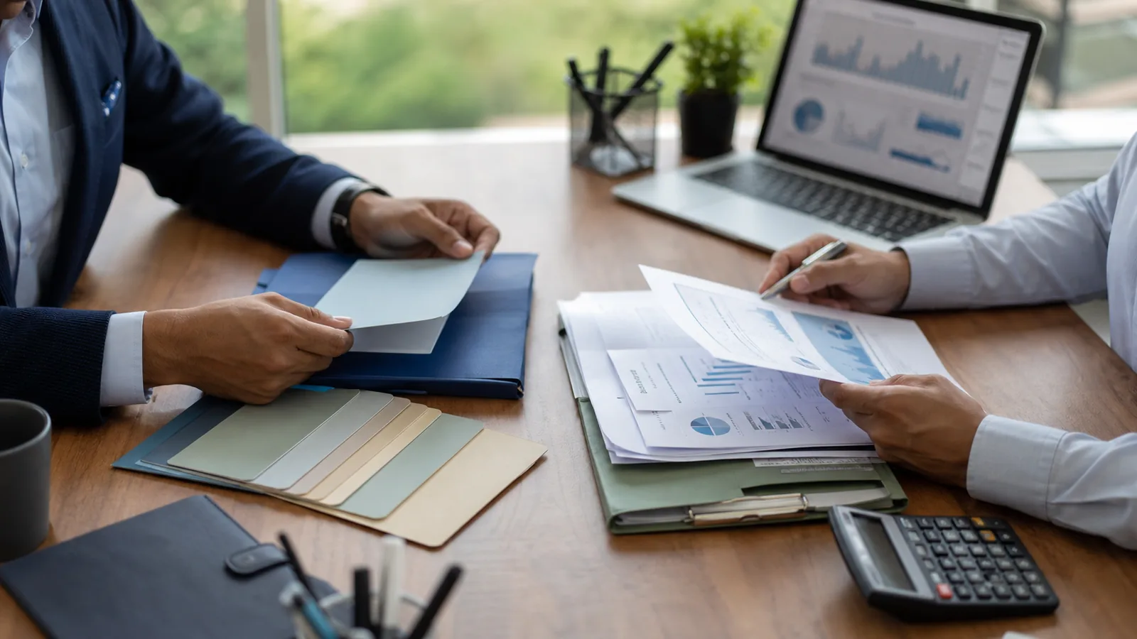 Professionals sort benchmark-tracking and manager-selection review documents in a wealth-planning office.