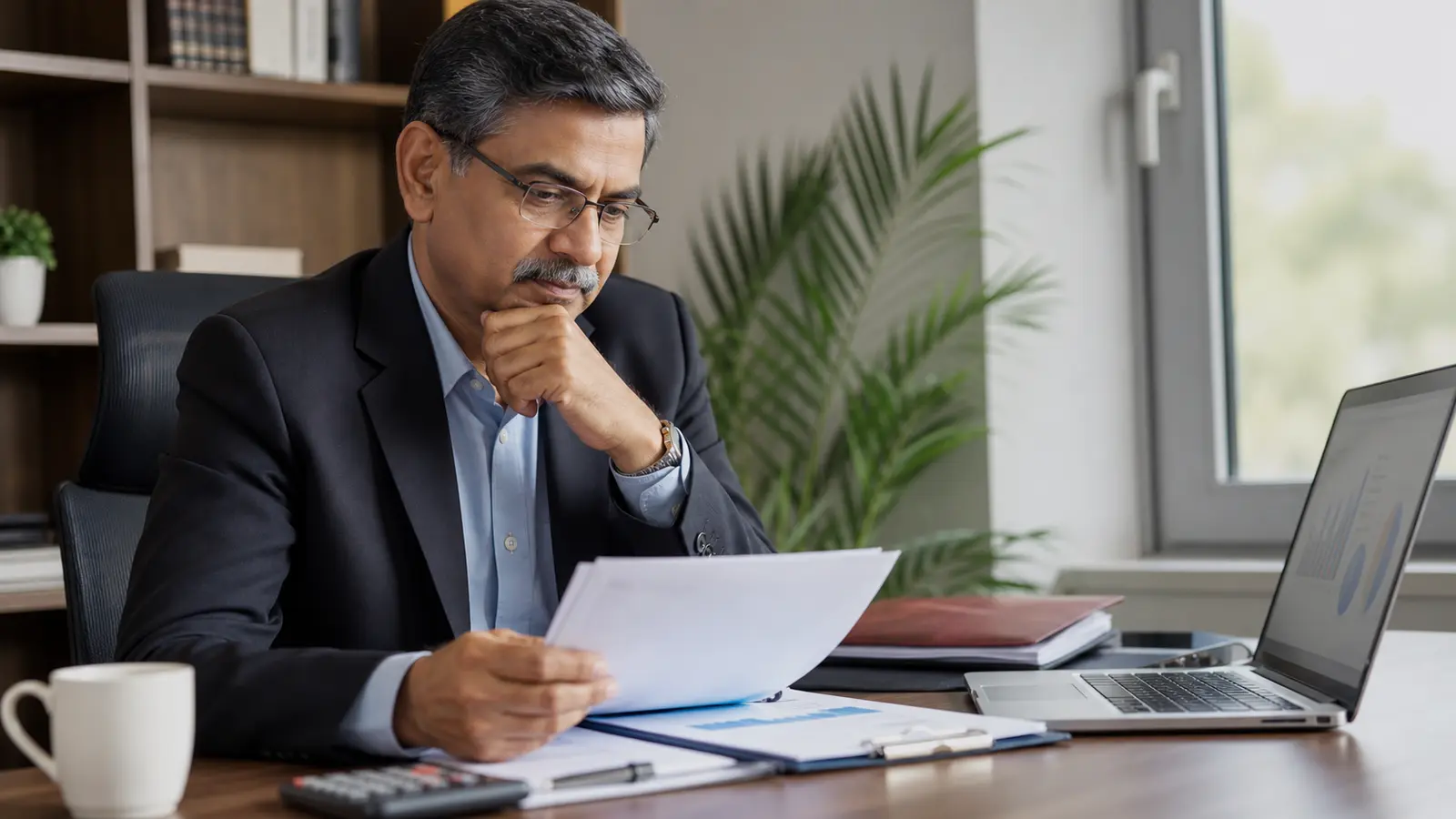 A senior professional reviewing retirement-income documents at an office desk with a laptop and calculator.