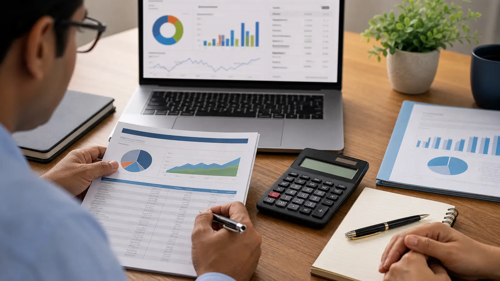 A desk scene showing mutual fund review documents, calculator and a laptop used for cost and NAV analysis.