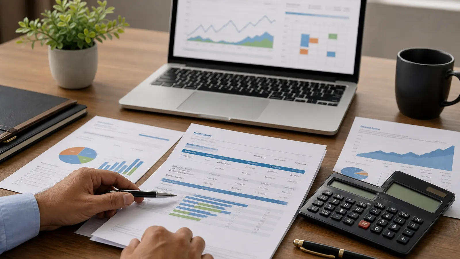A desk review of SIP schedule, mutual fund statement, calculator and laptop after a market fall.