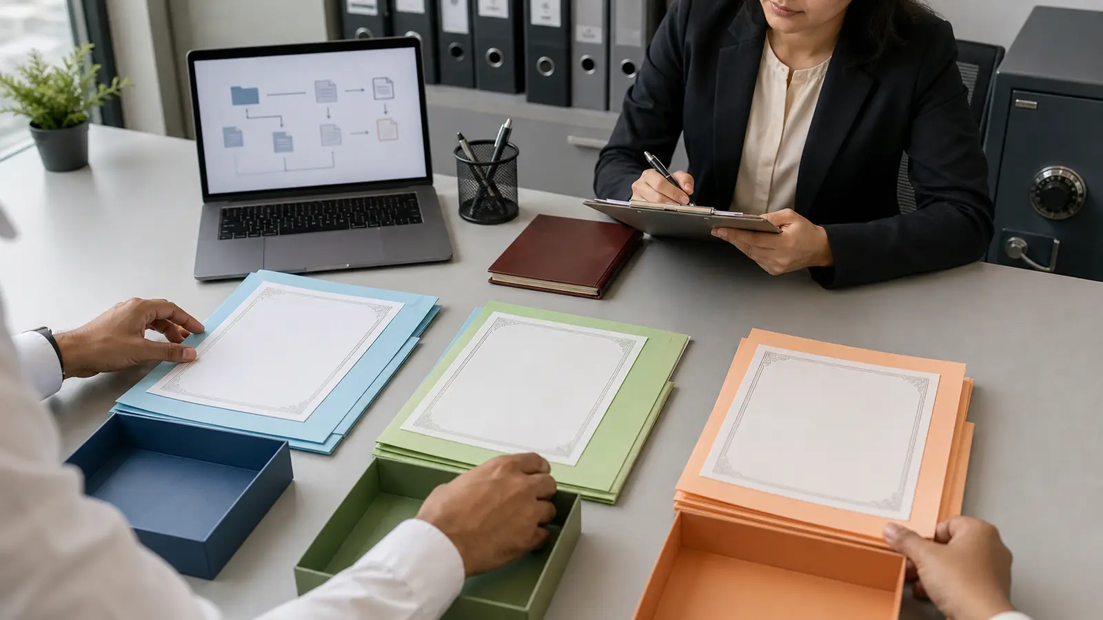 RTA operations desk arranging separate folders for different security classes before ISIN activation