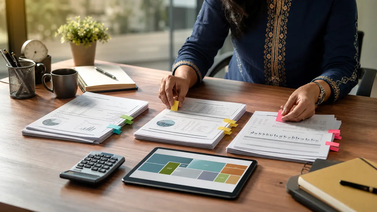 Hands arranging mutual fund statements into review piles with a calculator and tablet on an office desk