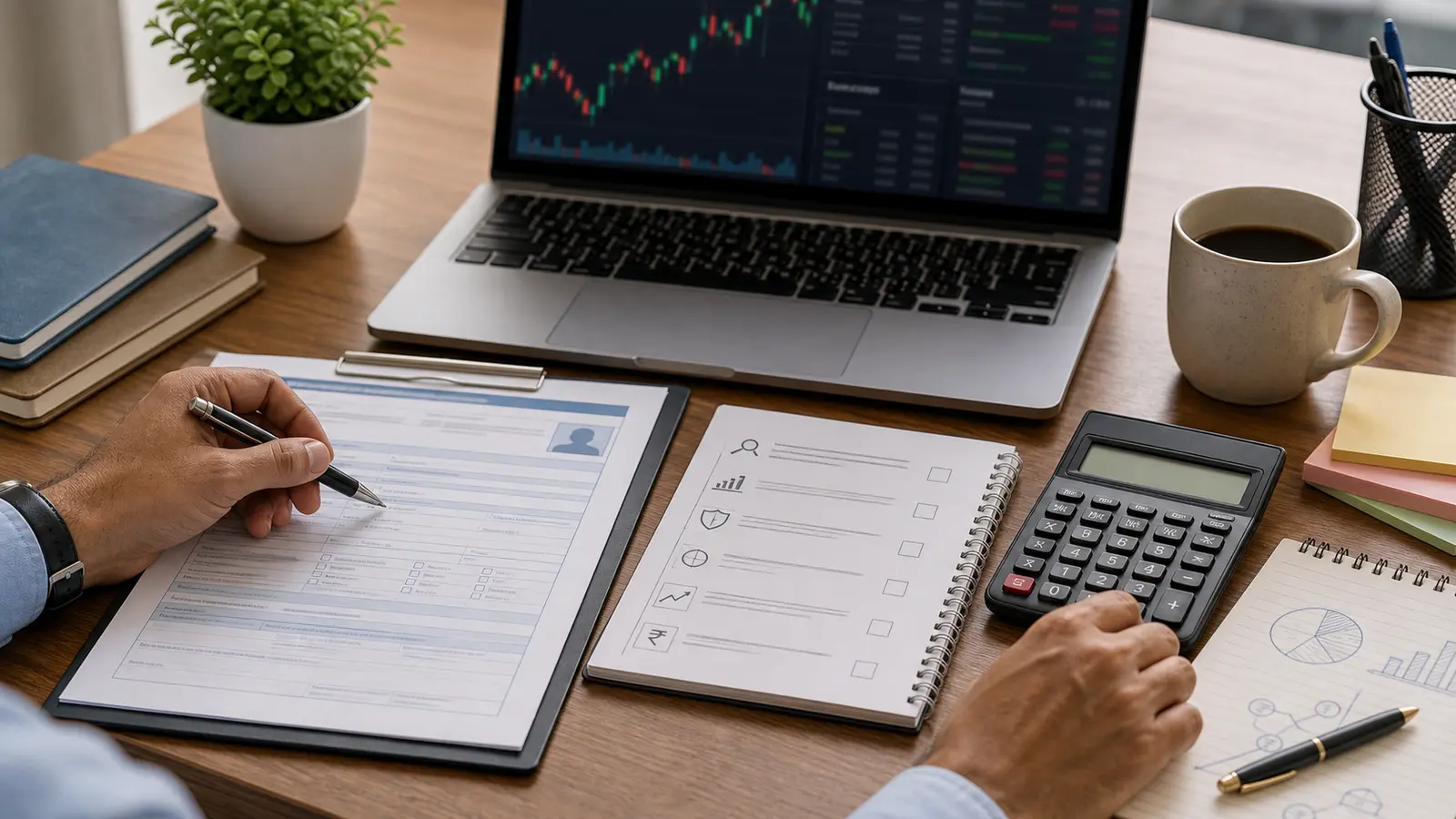 A desk review of demat account documents, trading checklist, calculator and laptop after a stock market basics session.