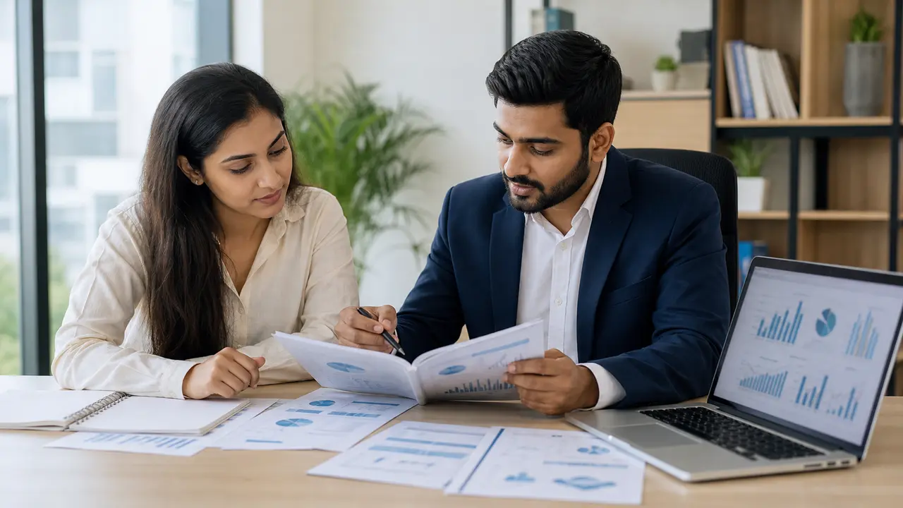 Hands arranging company research documents and risk notes before an investment decision