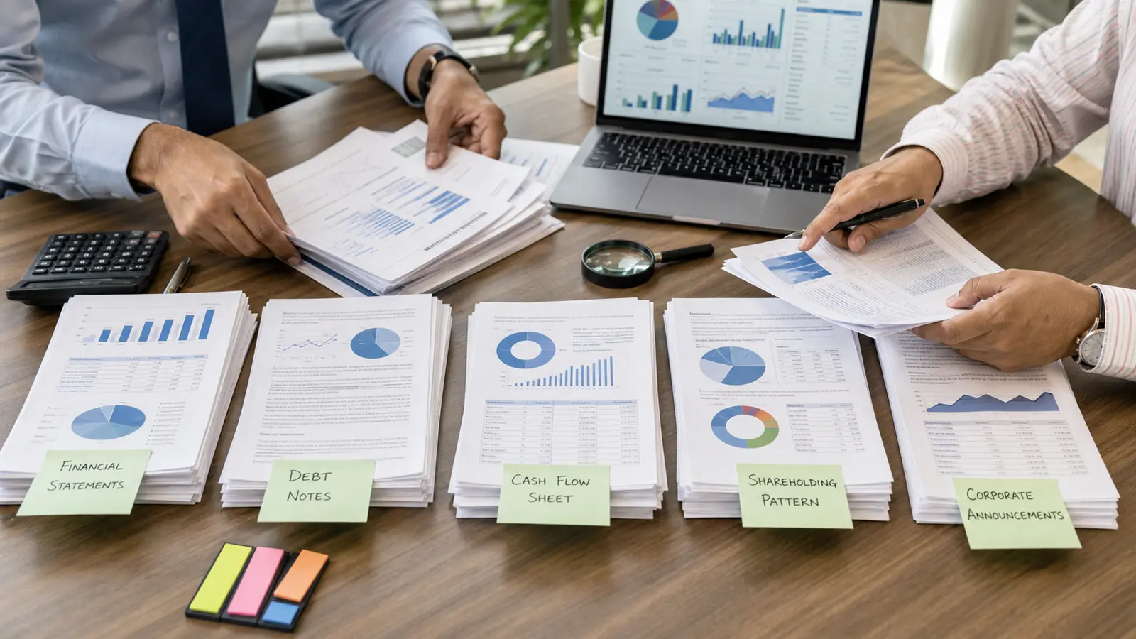 Hands of an analyst and investor arranging company research documents during a fundamental-analysis review.