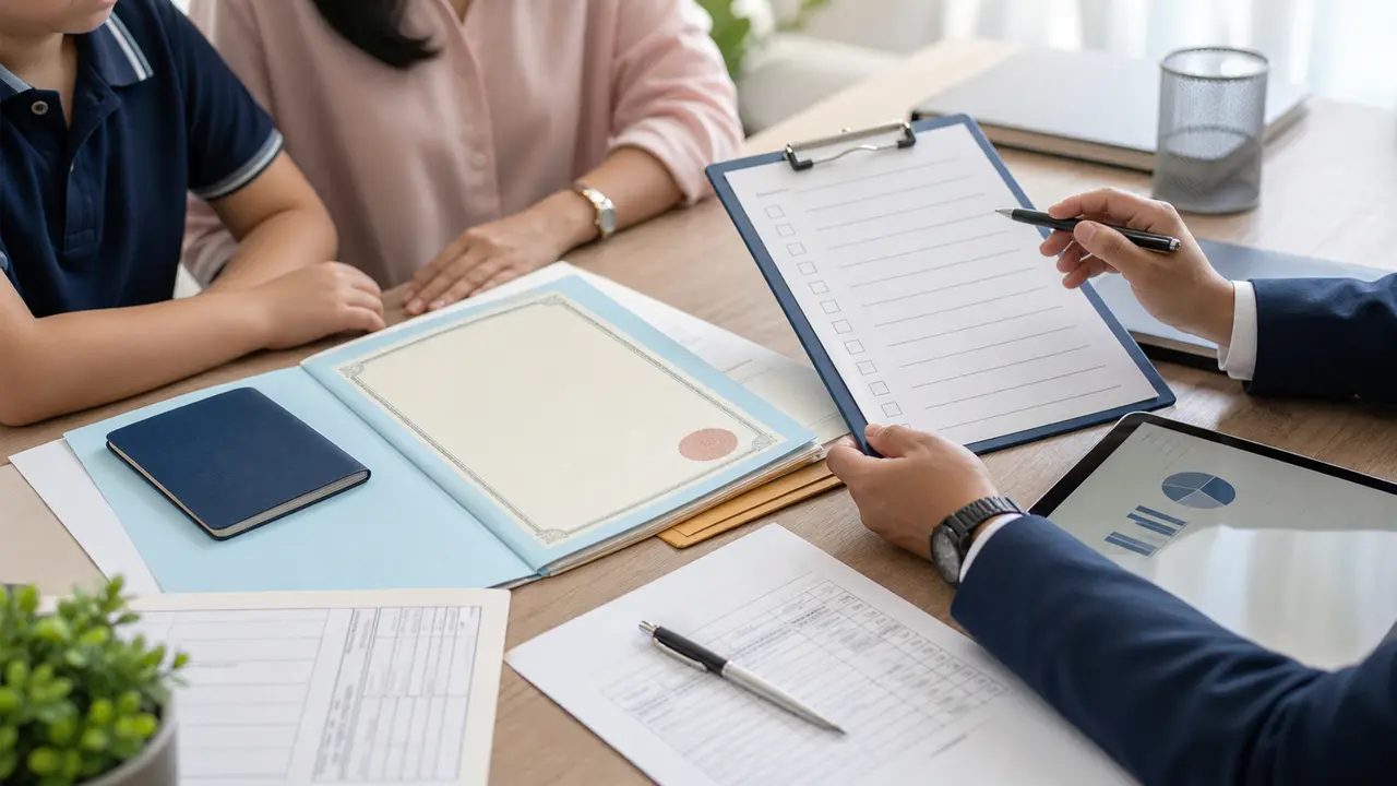 Hands arranging NPS Vatsalya NRI and OCI checklist documents on a desk