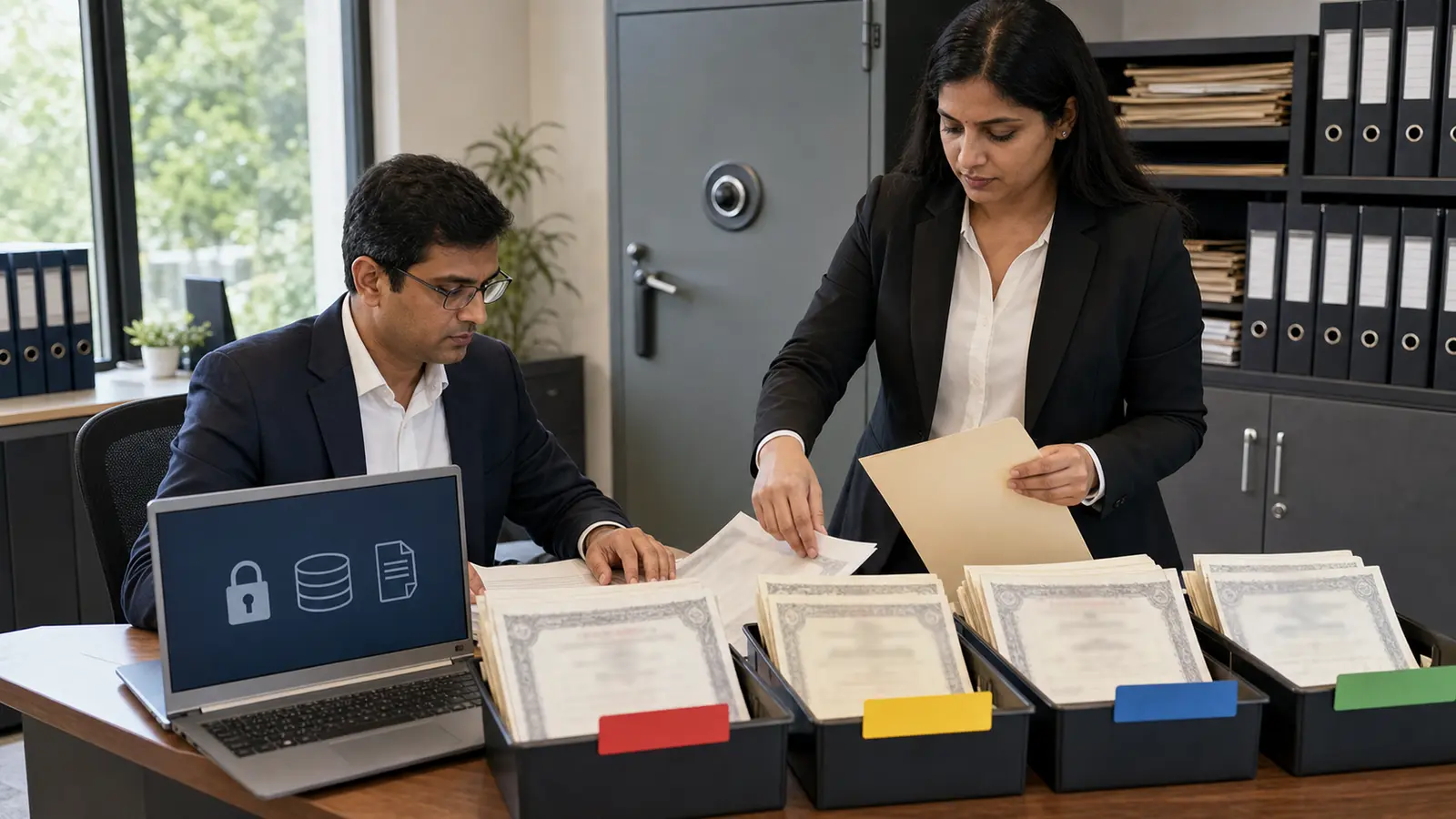 RTA operations team sorting unlisted public company security records into a controlled demat mapping workflow