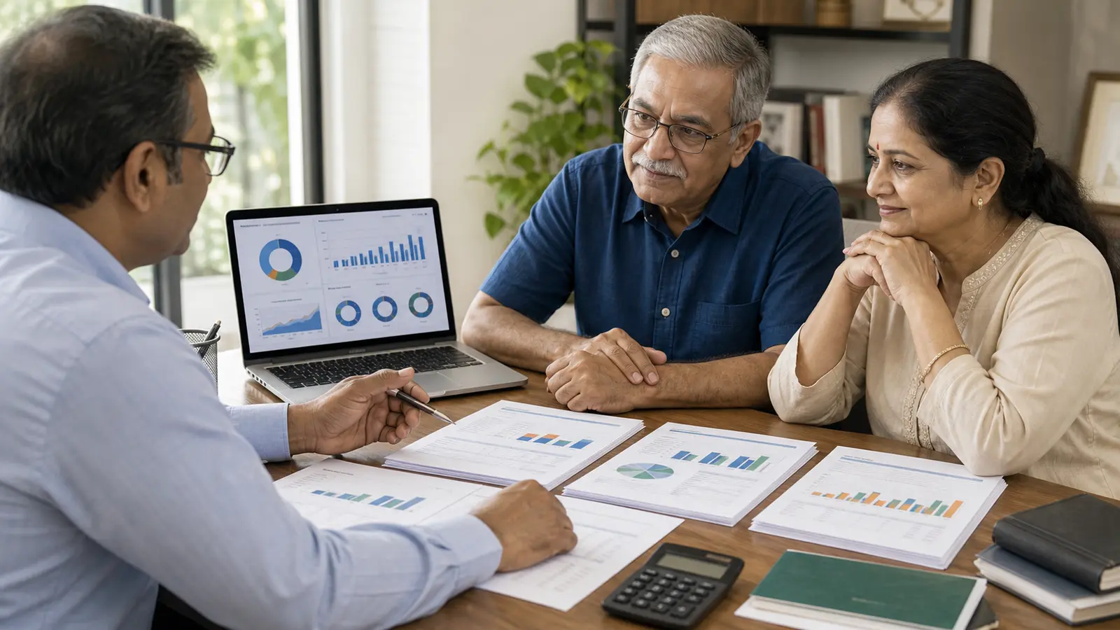 Hands arranging retirement planning folders, calculator and cash-flow papers during a corporate desk review.
