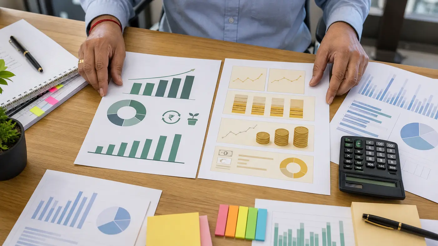 Hands arranging stock research sheets, valuation notes and calculator for growth and value comparison