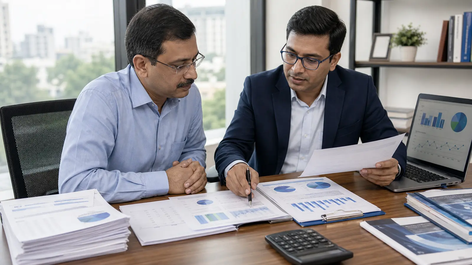 Hands reviewing dividend announcements, cash-flow sheets and company reports during an equity research meeting.
