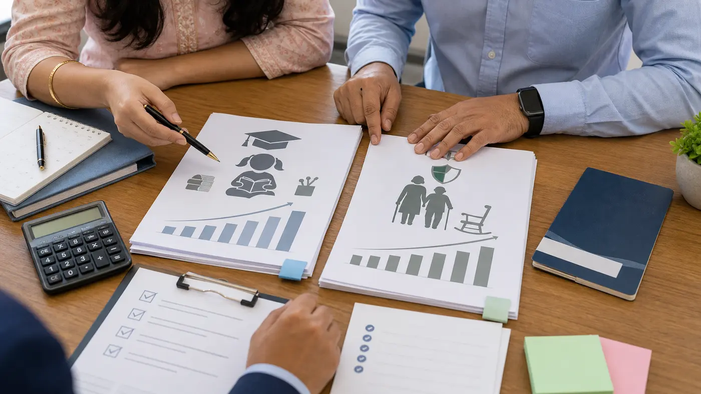 Hands arranging child pension and girl child savings documents with a calculator on a corporate desk