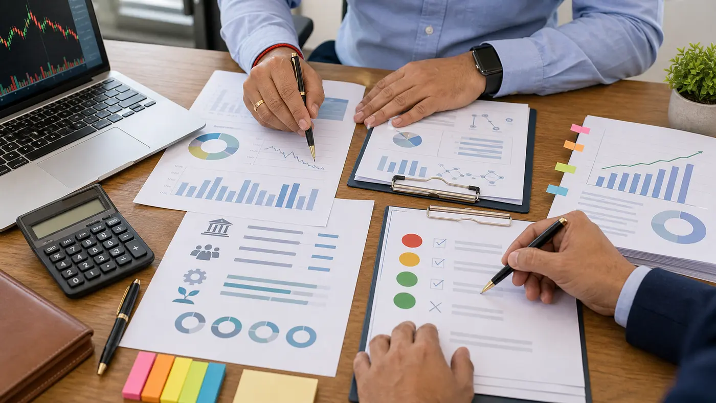 Hands arranging stock review papers and a risk checklist before a sell decision