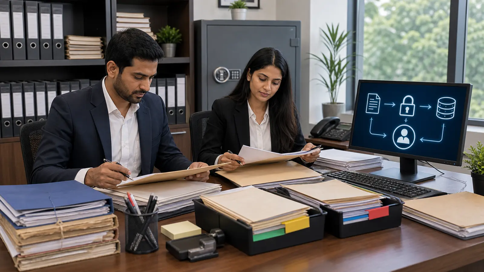 RTA operations team arranging demat transfer request files for unlisted public company shares
