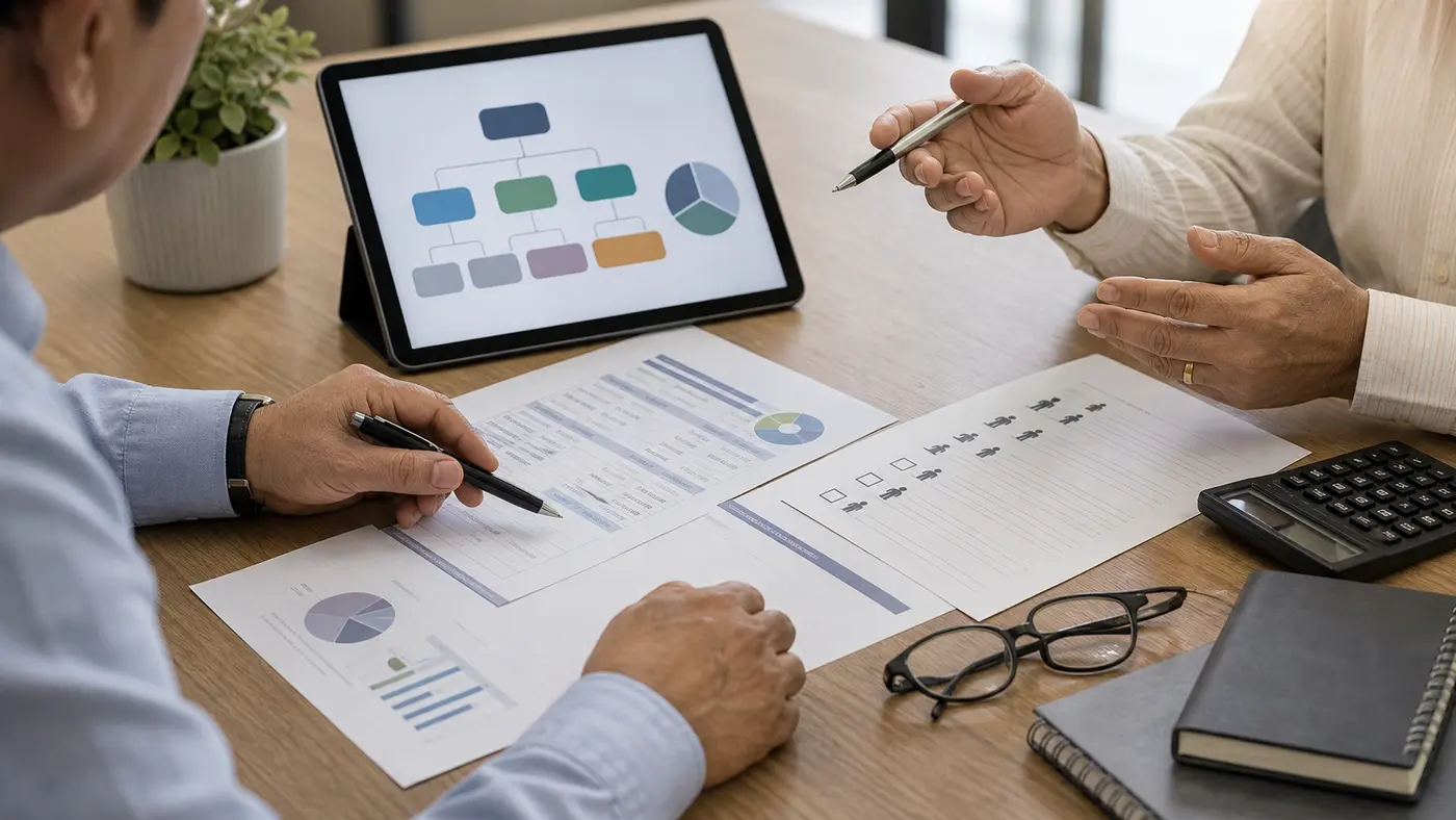 Hands review NPS documents, nomination checklist and retirement income papers before a continuation decision