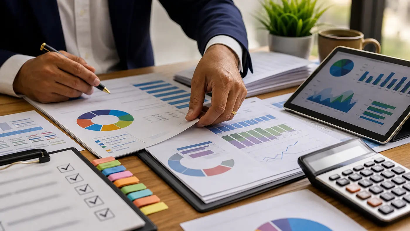 Hands arranging portfolio review sheets and sector tabs during a diversification review