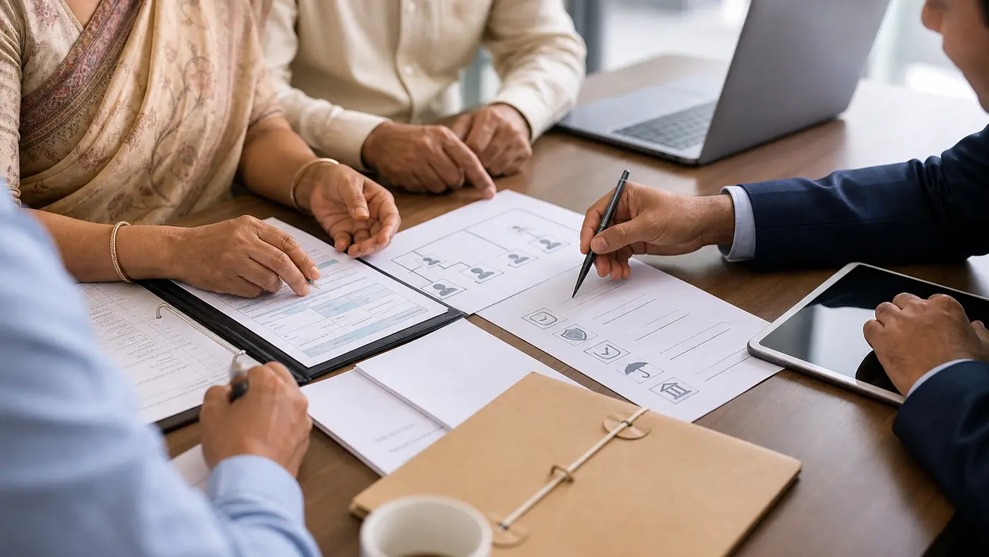 Hands organize NPS family nomination papers, bank details and retirement documents on a boardroom table