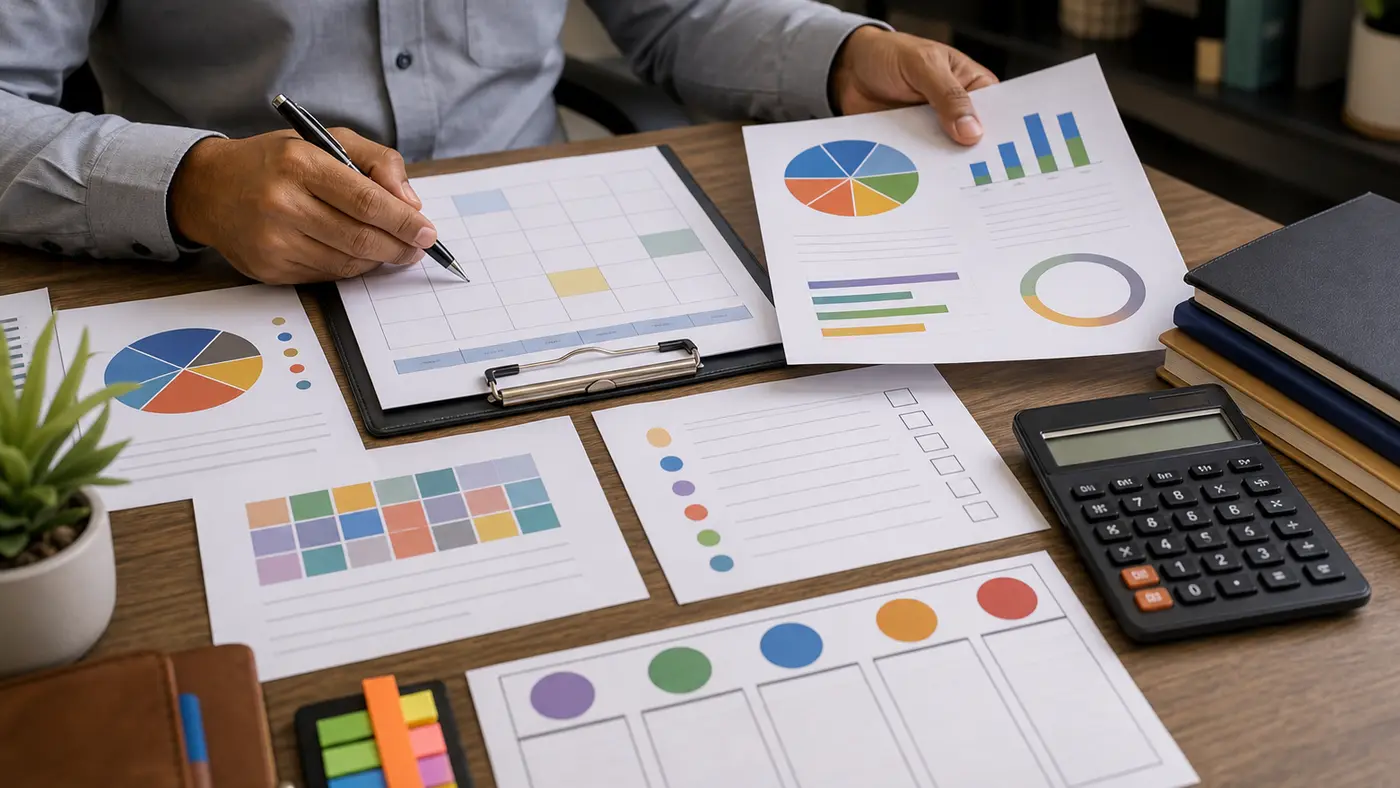 Hands arranging monthly investment review sheets and abstract portfolio charts