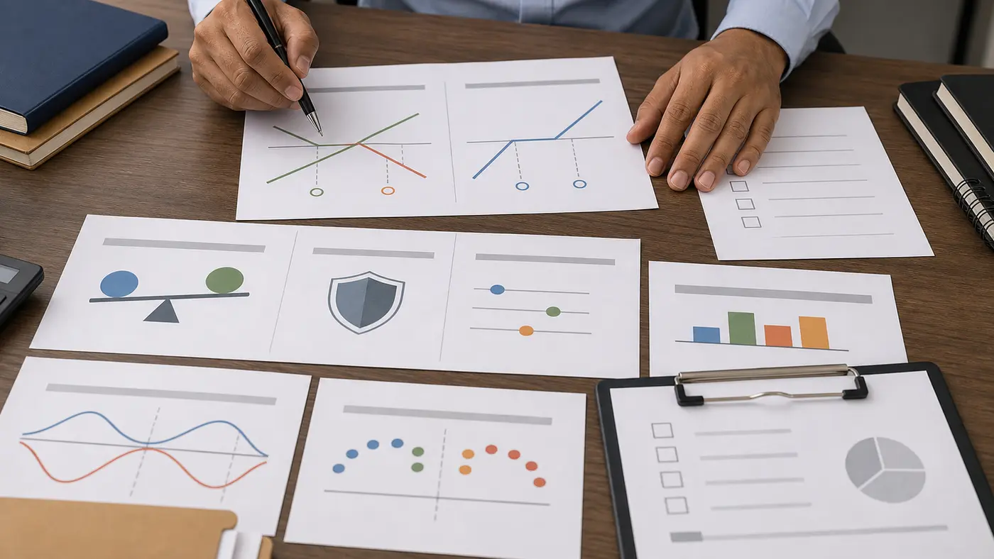 Hands arranging derivatives education sheets and abstract payoff curve diagrams during a risk review