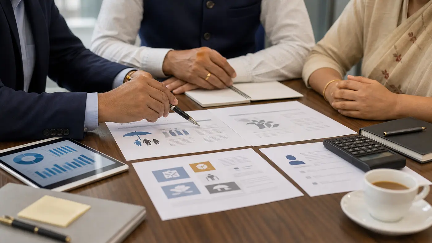 Hands compare retirement income papers, annuity documents and NPS exit checklist on a boardroom table