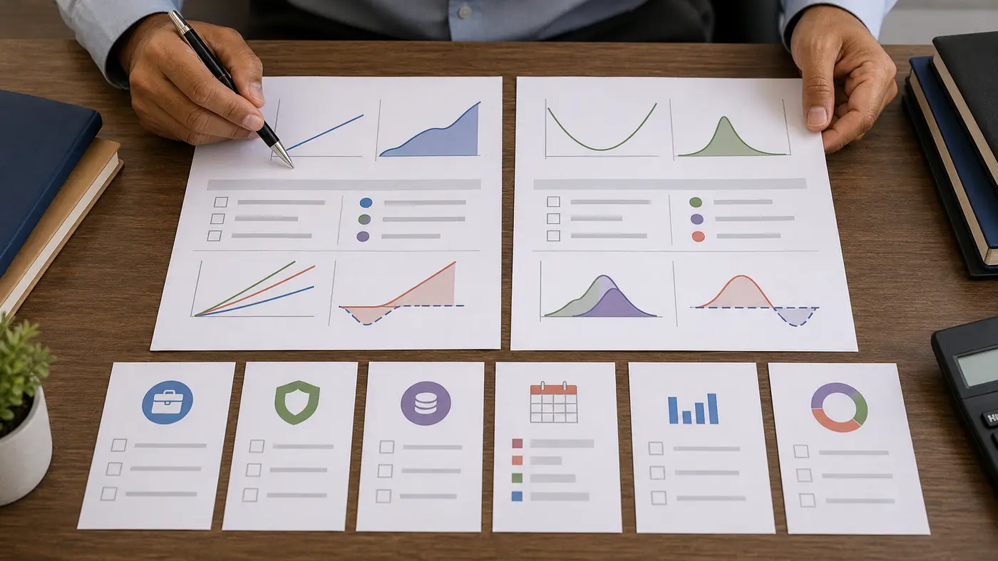 Hands comparing futures and options review sheets with abstract payoff curves