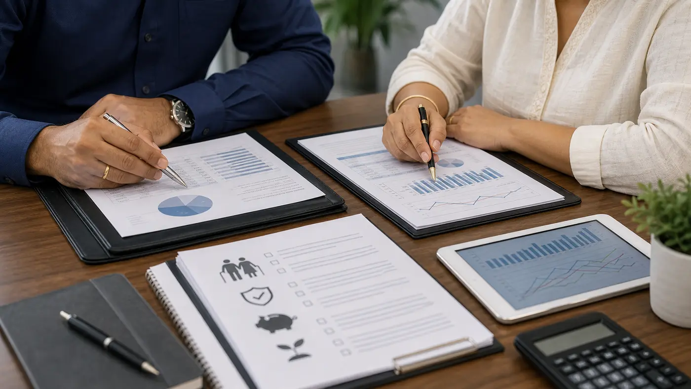 Hands review separate NPS and ELSS investment folders with a tablet chart and retirement checklist