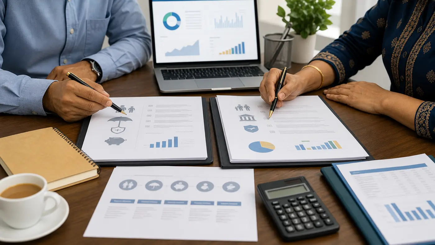 Hands review NPS and EPF retirement planning folders with payroll papers and a pension checklist