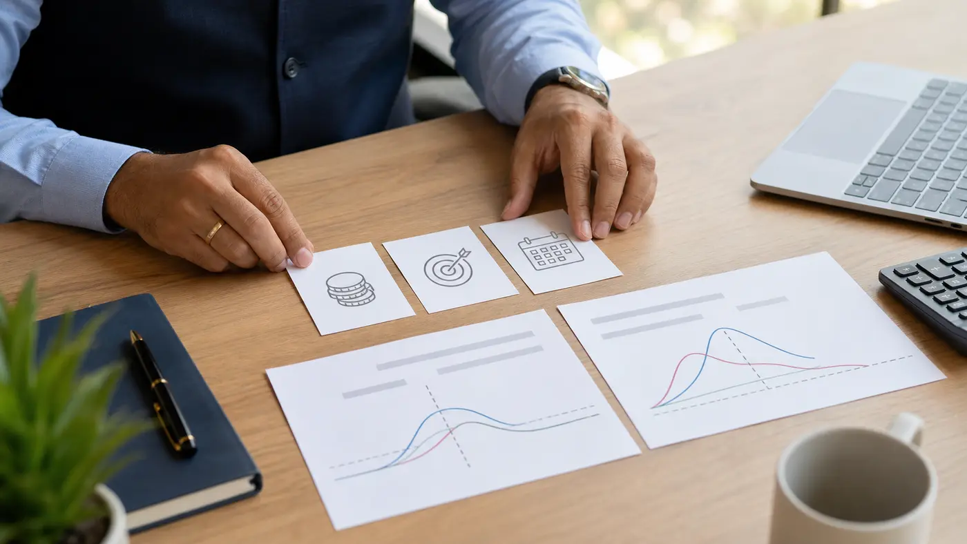 Hands arranging option premium strike price and expiry review cards on a corporate advisory desk