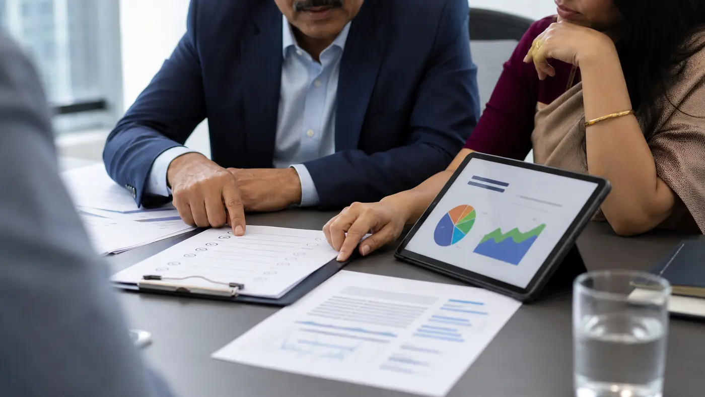 Corporate team reviewing a pension planning checklist and retirement allocation dashboard.