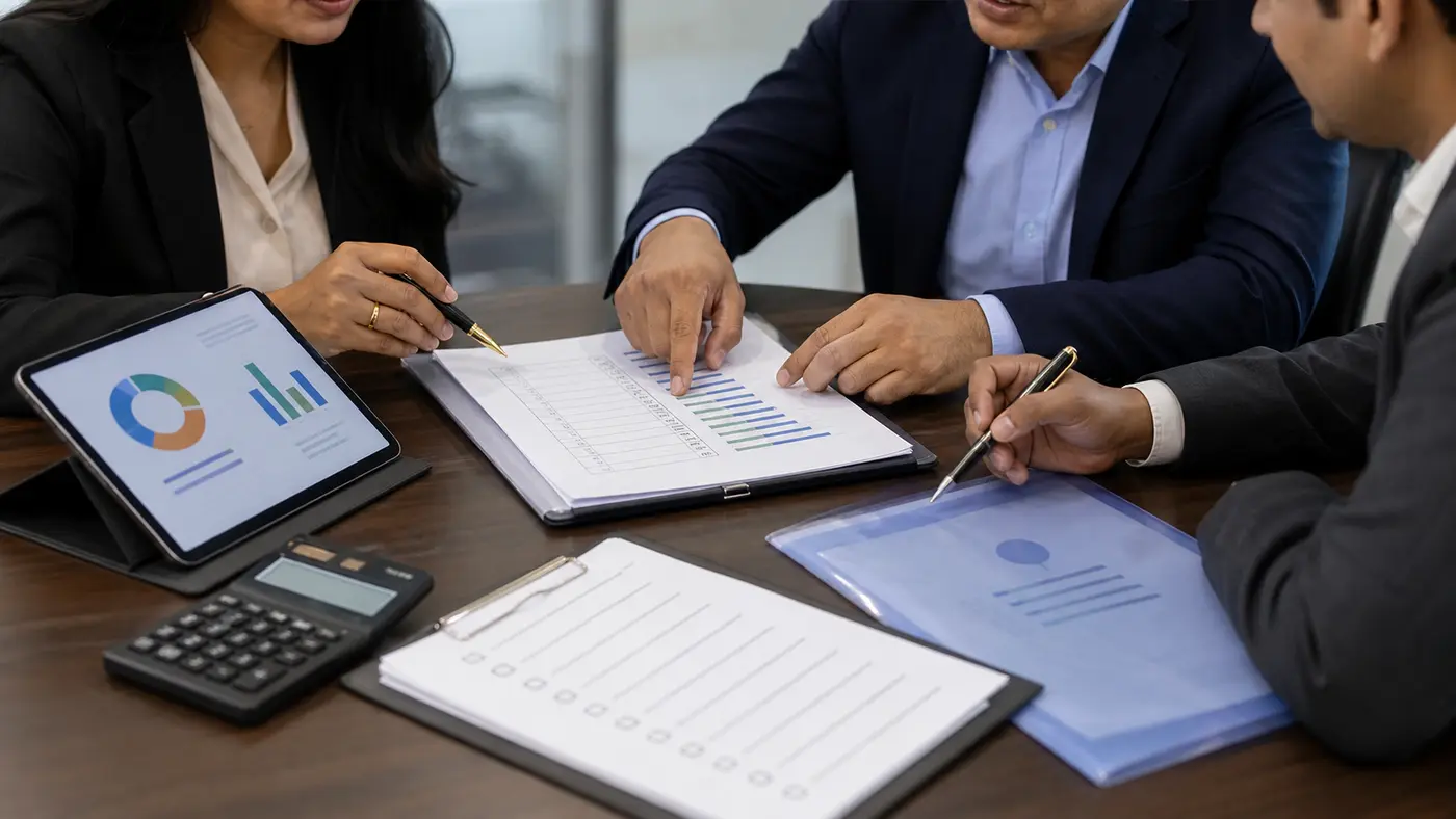 Finance team reviewing retirement plan documents and fee comparison material in a corporate boardroom.