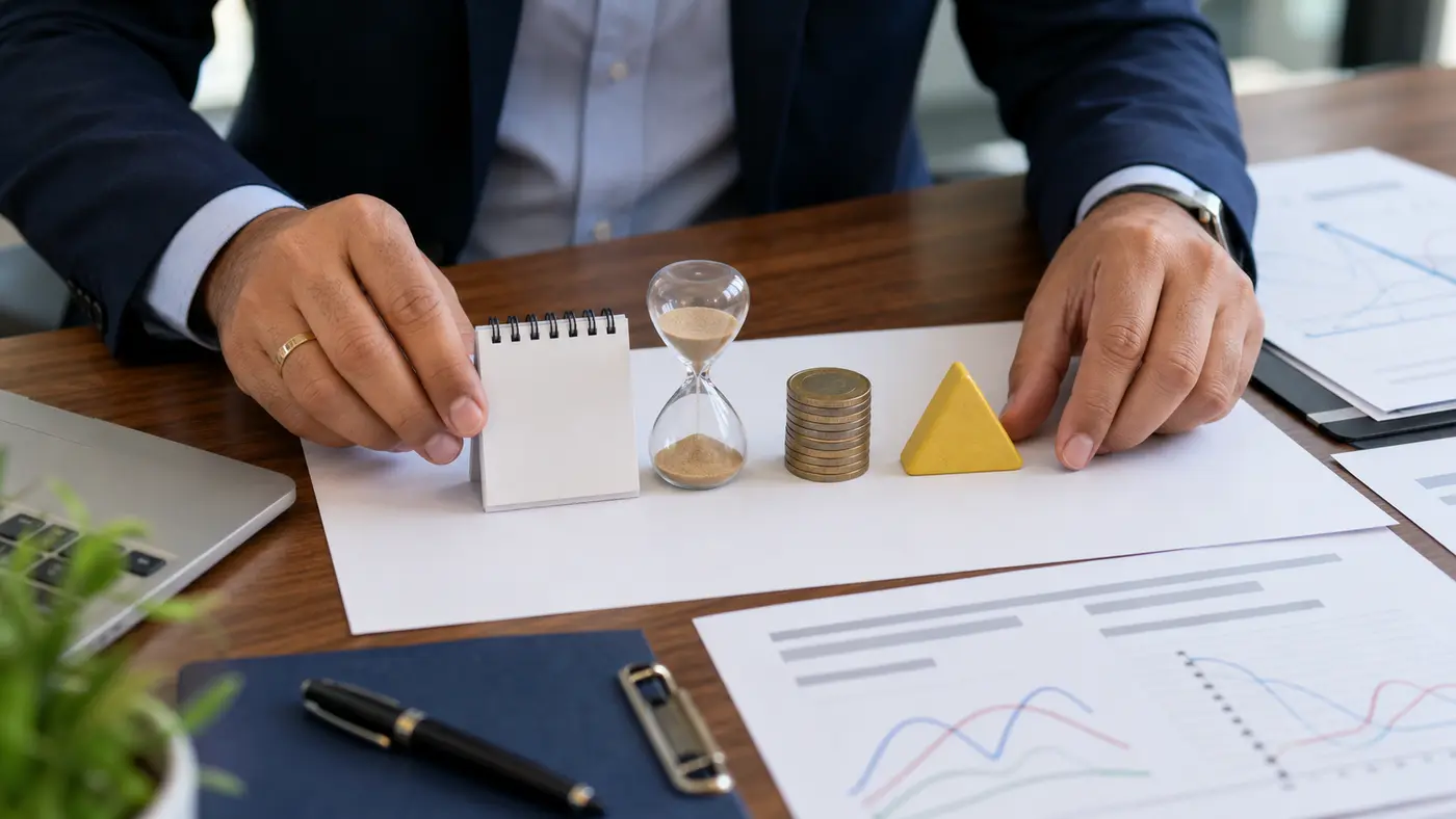 Advisor arranging blank calendar hourglass and premium risk objects on a weekly options review desk