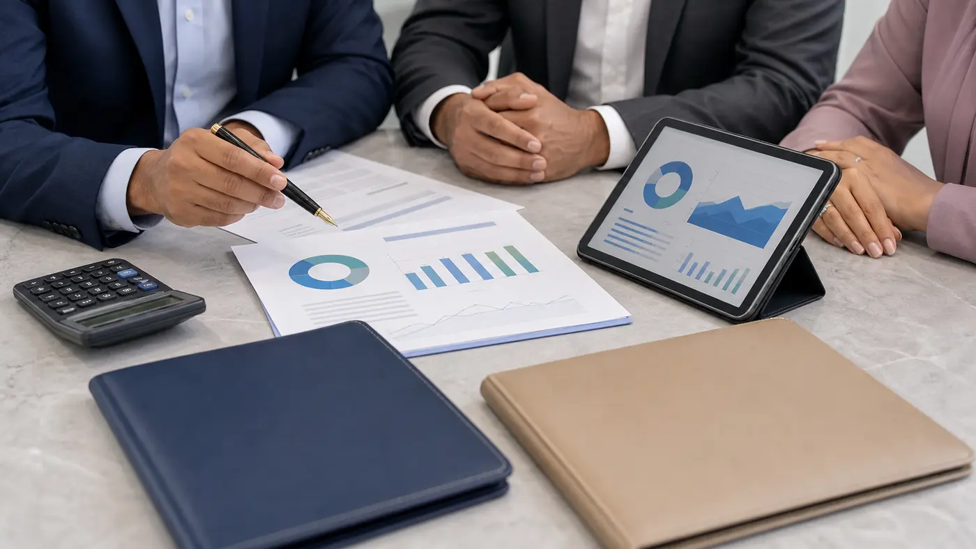 Finance team reviewing retirement income documents, property allocation material and liquidity planning charts in a corporate boardroom.