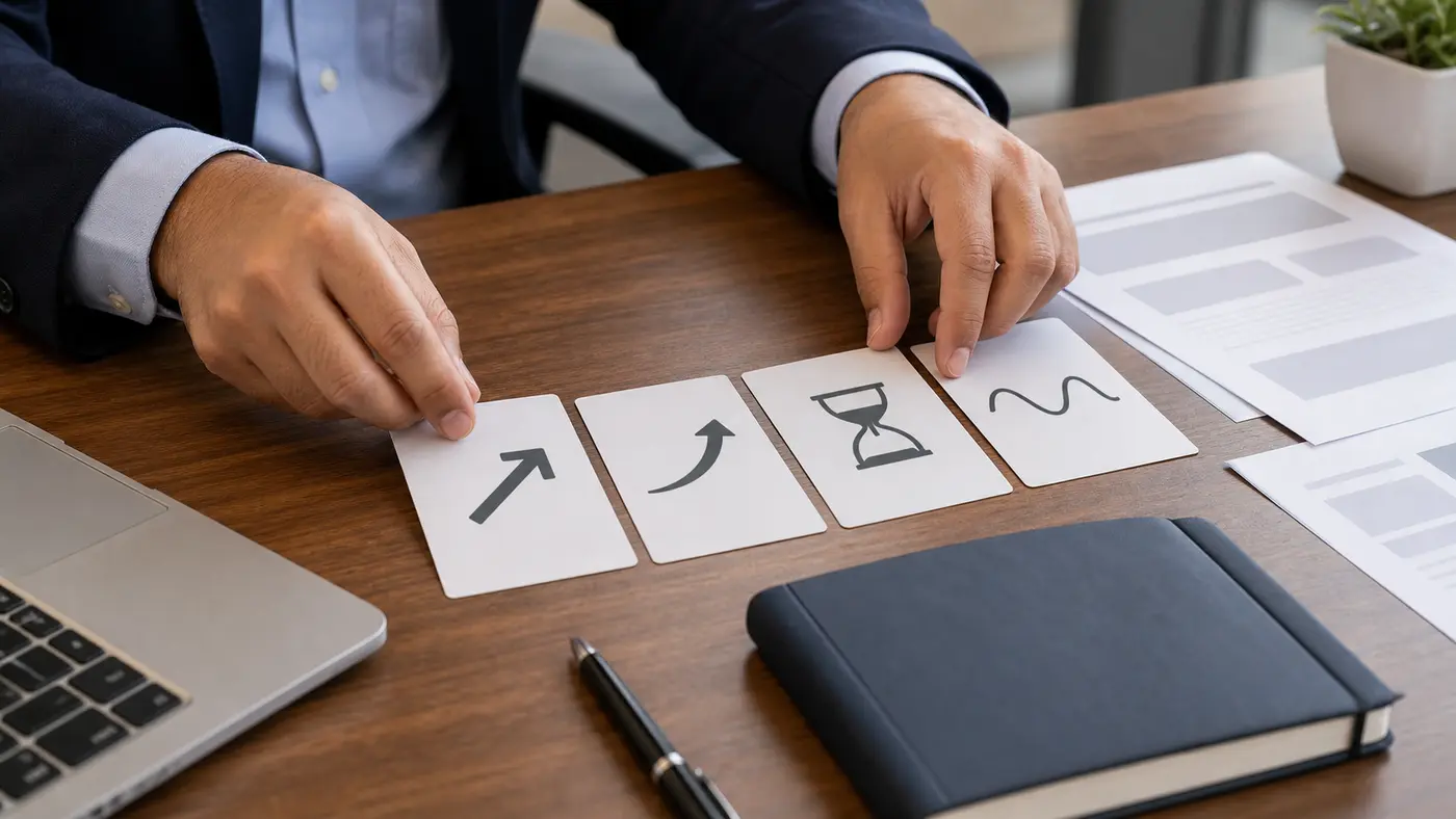 Advisor arranging four icon cards for price sensitivity acceleration time decay and volatility risk on an options review desk