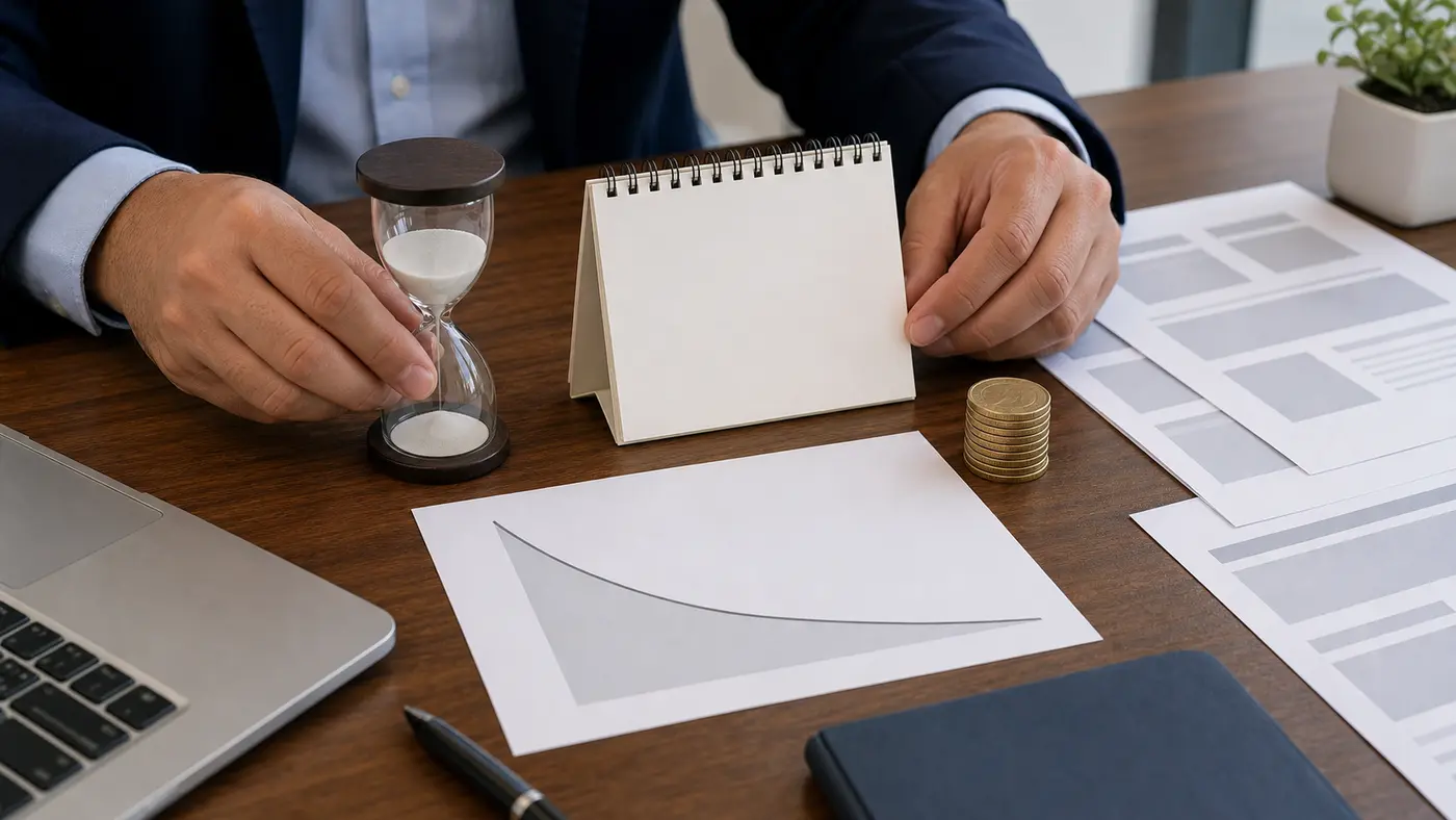 Advisor arranging an hourglass coin stack and blank option review sheet showing an unlabeled fading curve on a desk